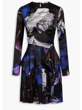 Roberto Cavalli Printed Long-Sleeve Floral Peplum Dress - Black/Blue/Purple- NWT